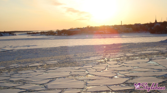 sun shining on ice