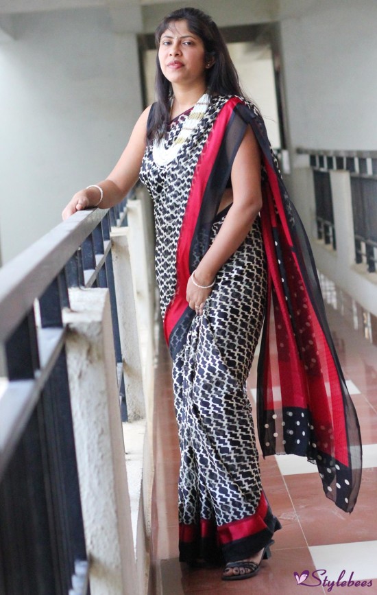 black red and white printed saree