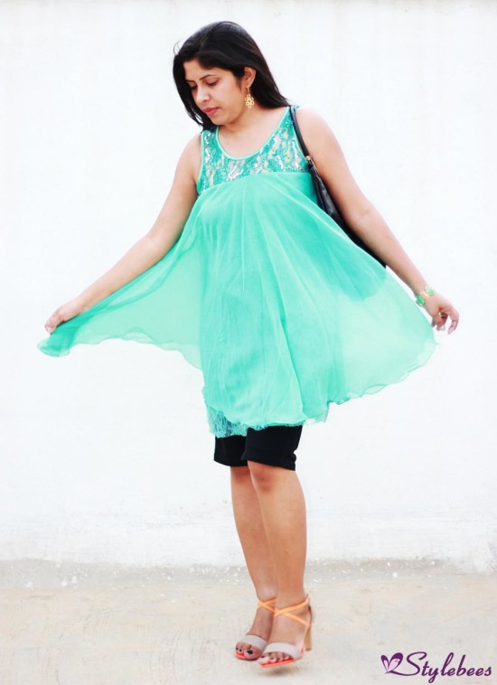 black shorts with sea green kurta