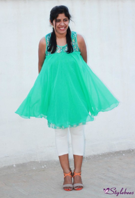 white capri with sea green kurta