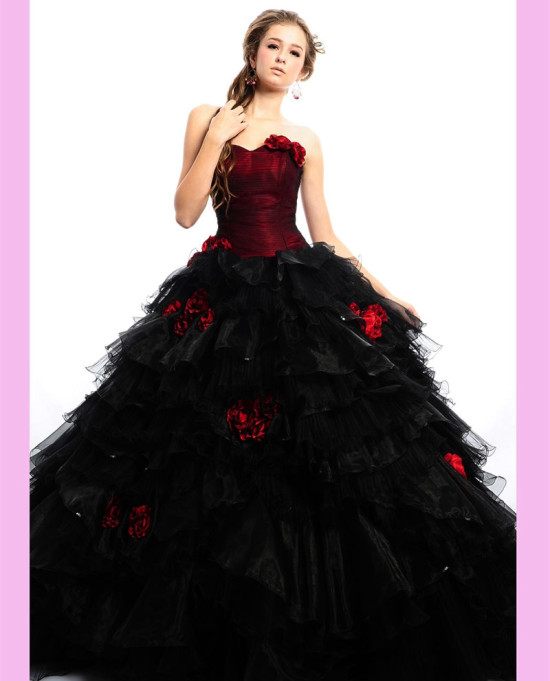 black-frill-gown-with-red-flowers
