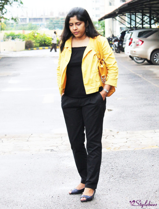 Styling in Black Outfit with Mustard Jacket - Stylebees.com