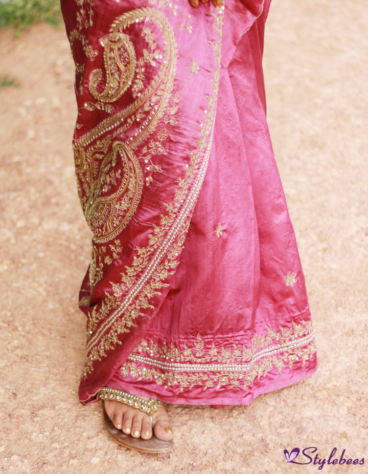 Pink silk saree with golden zari work