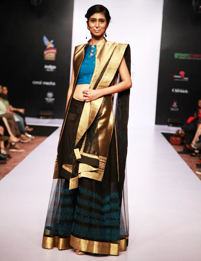 Black, golden and royal blue Alpa and Reena Lehenga at Bangalore Fashion Week 2