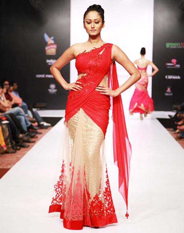 Red and golden amita gupta Lehenga at Bangalore Fashion Week