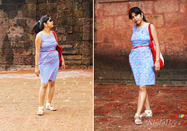 Styling a blue Midi Dress with red bag and white sandals
