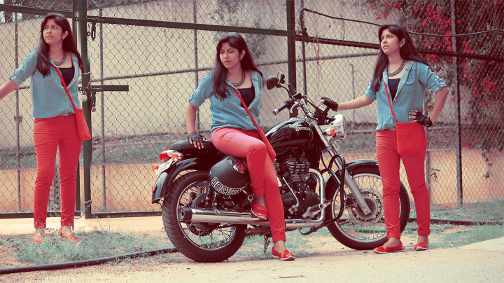 Bike fashion in red and blue denim by oxolloxo