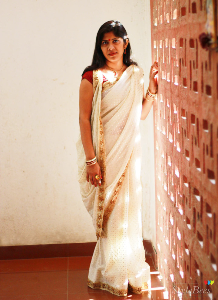 Cream, red and golden saree from Soch studio bangalore
