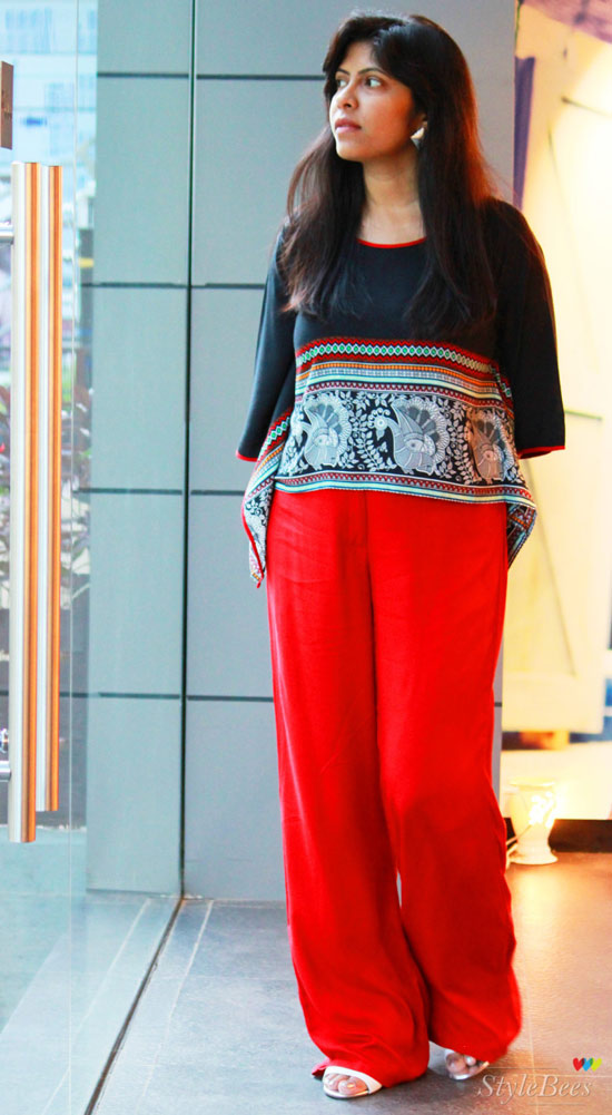 Black Loose top with Red palazzo pants from Global-Desi
