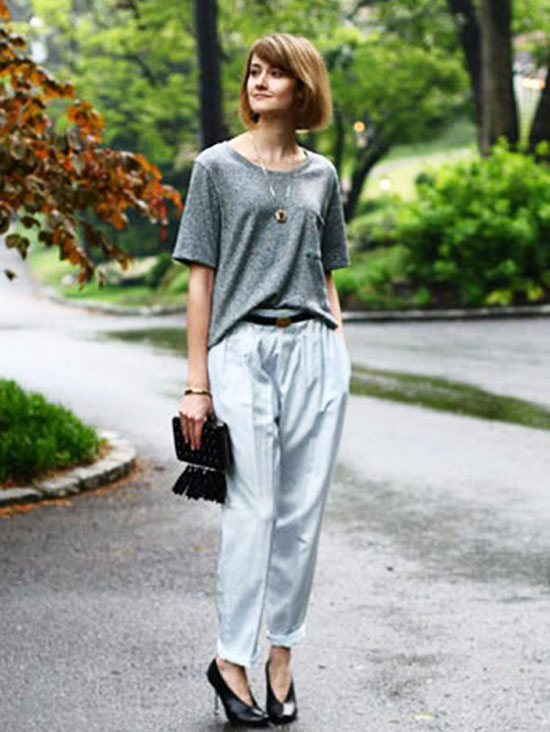 Grey loose top with vintage pleated pajama pants 15