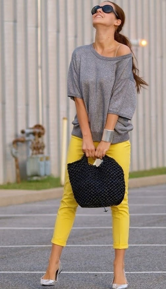 Off shoulder loose top with colored pants