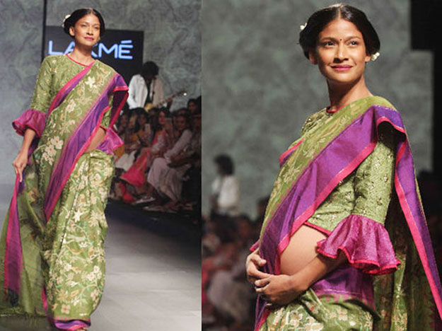 carol-gracias-in-saree-during-pregnancy-for-a-fashion-ramp-walk